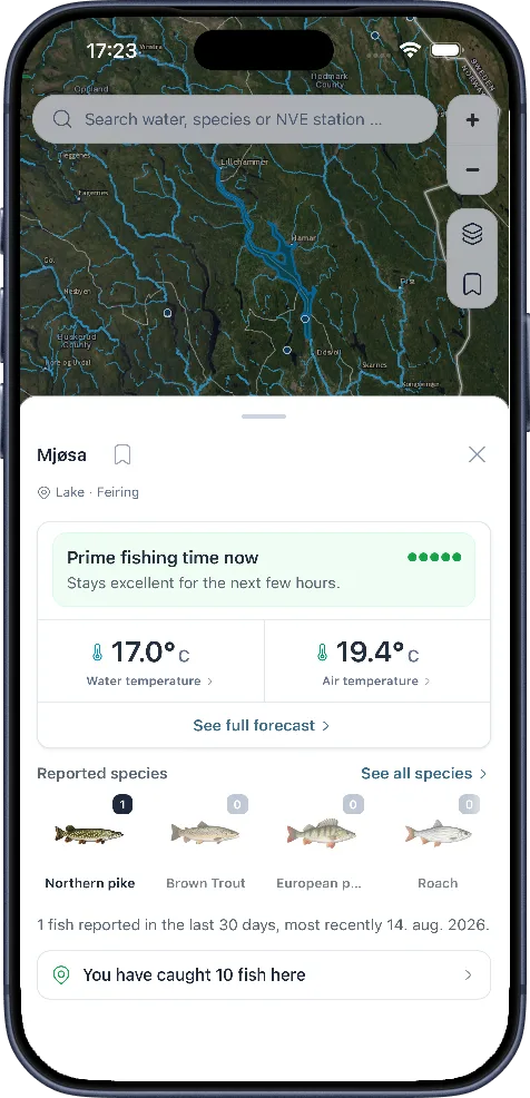 The water card in the map showing water temperature, species and your own catches