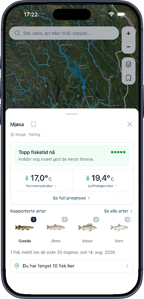 Vannets kort i kartet med vanntemperatur, arter og egne fangster