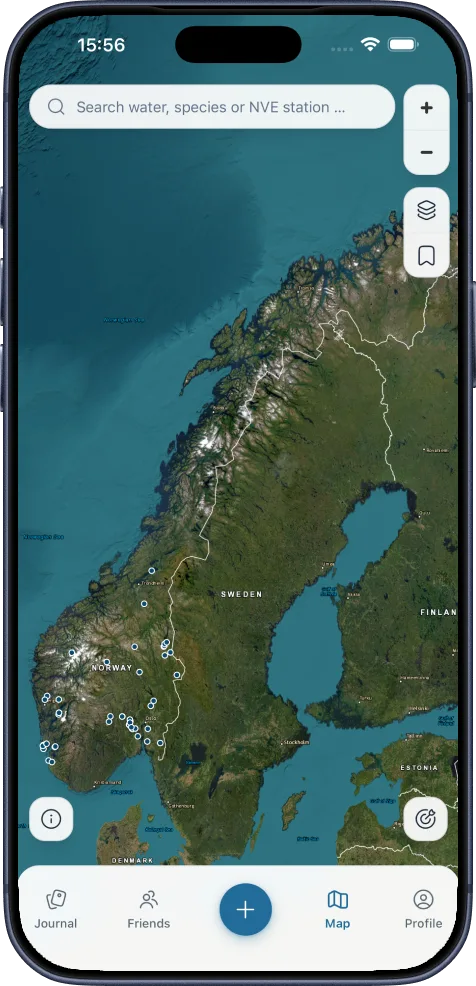 The map in MinFangst showing all of Norway with lakes, rivers and fish species