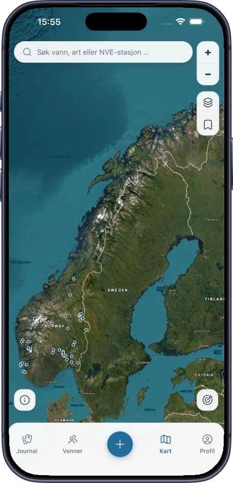 Kartet i MinFangst med hele Norge, vann, elver og fiskearter