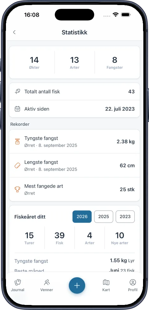 Statistikken: fiskeåret ditt med økter, fangster og arter.