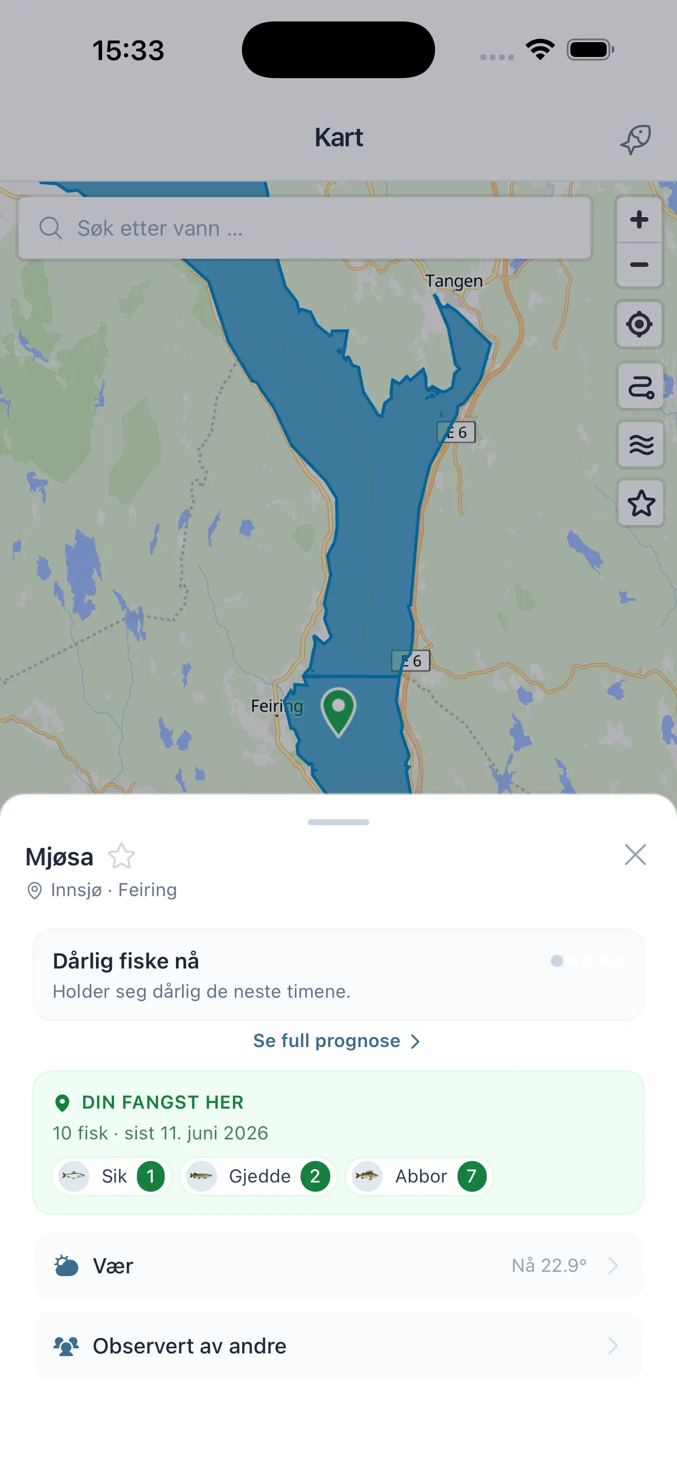 Skjermbilde av et valgt fiskevann med egne fangster i MinFangst